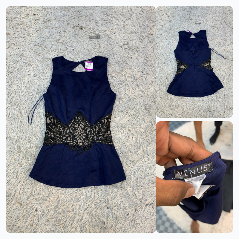 Venus Navy Sleeveless Top with Lace Detail