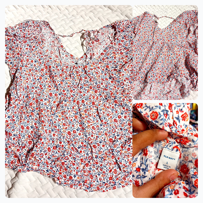 Old Navy ディッシーフローラルペザントブラウス、タイネック、ラッフルヘム - サイズL