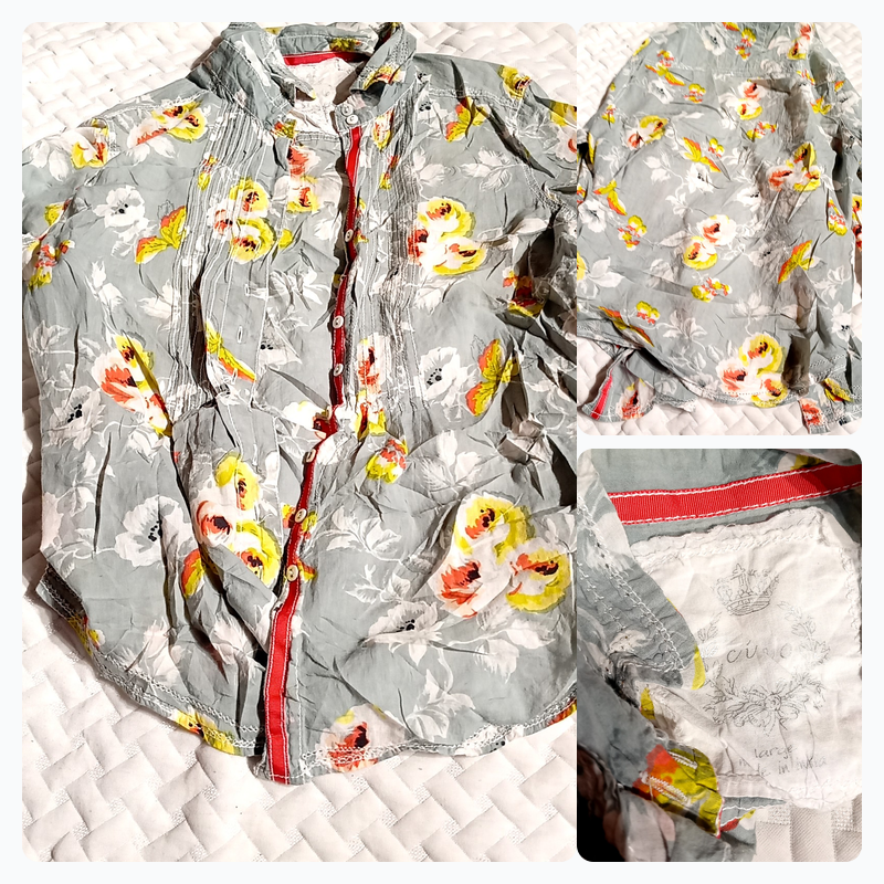Floral pintuck button‑down blouse, gray multi, siz..