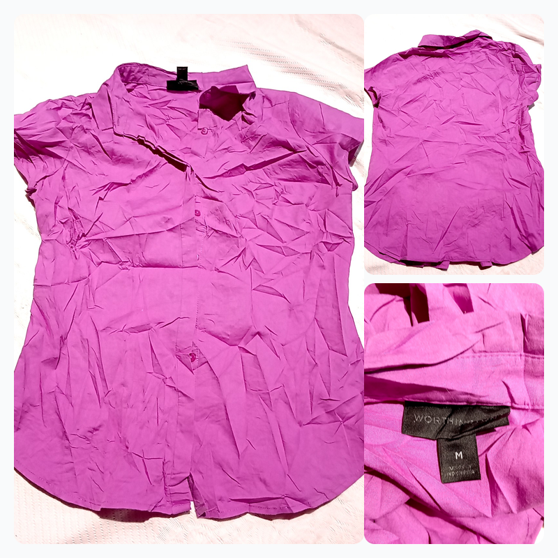 Worthington Magenta Short-Sleeve Button-Up Shirt -..