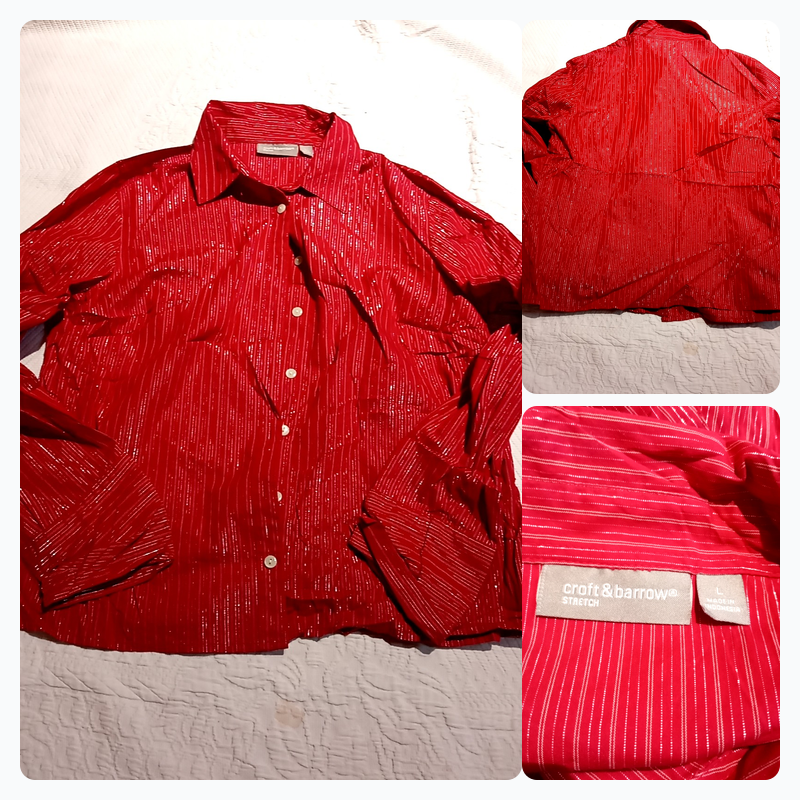 Croft & Barrow Red Shimmer Stripe Stretch Button-U..