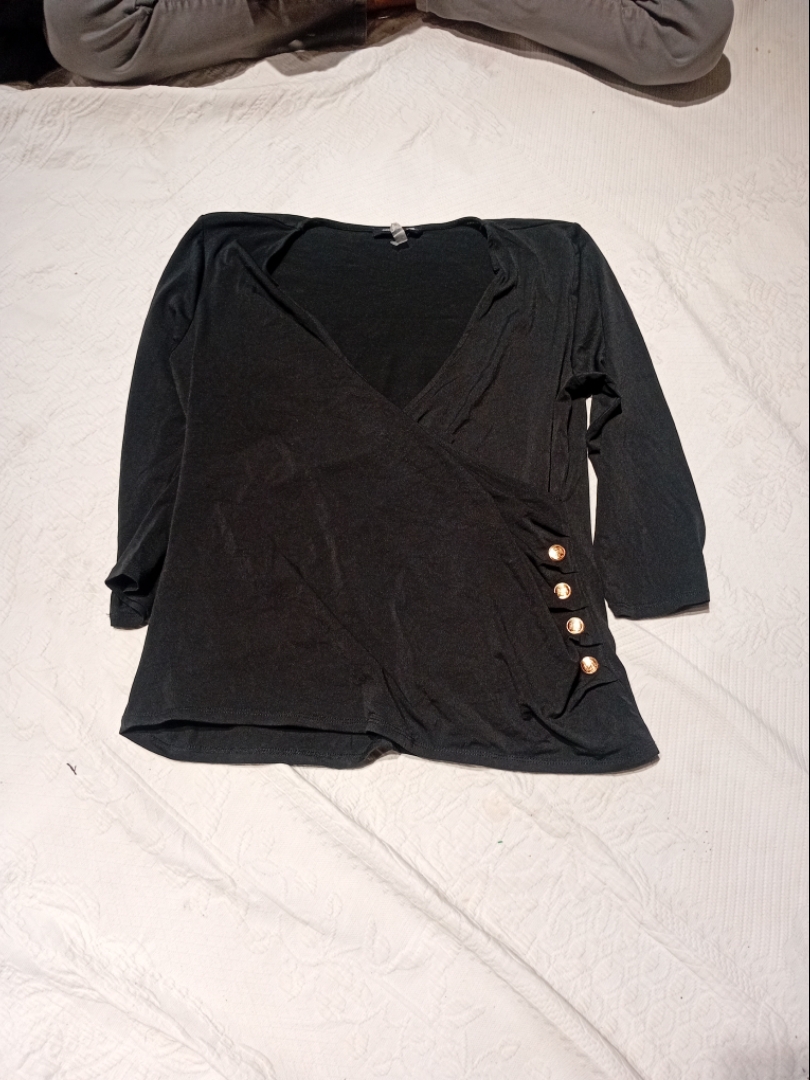 Black Wrap Blouse with Gold Buttons
