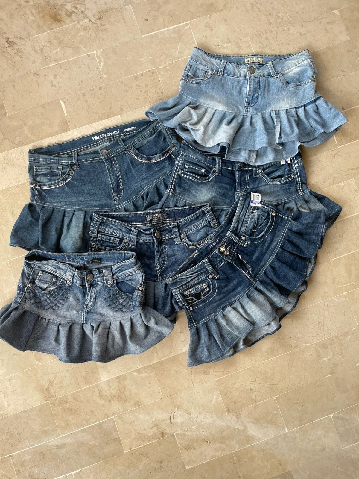 y2k upcycled denim mini pleated skirts